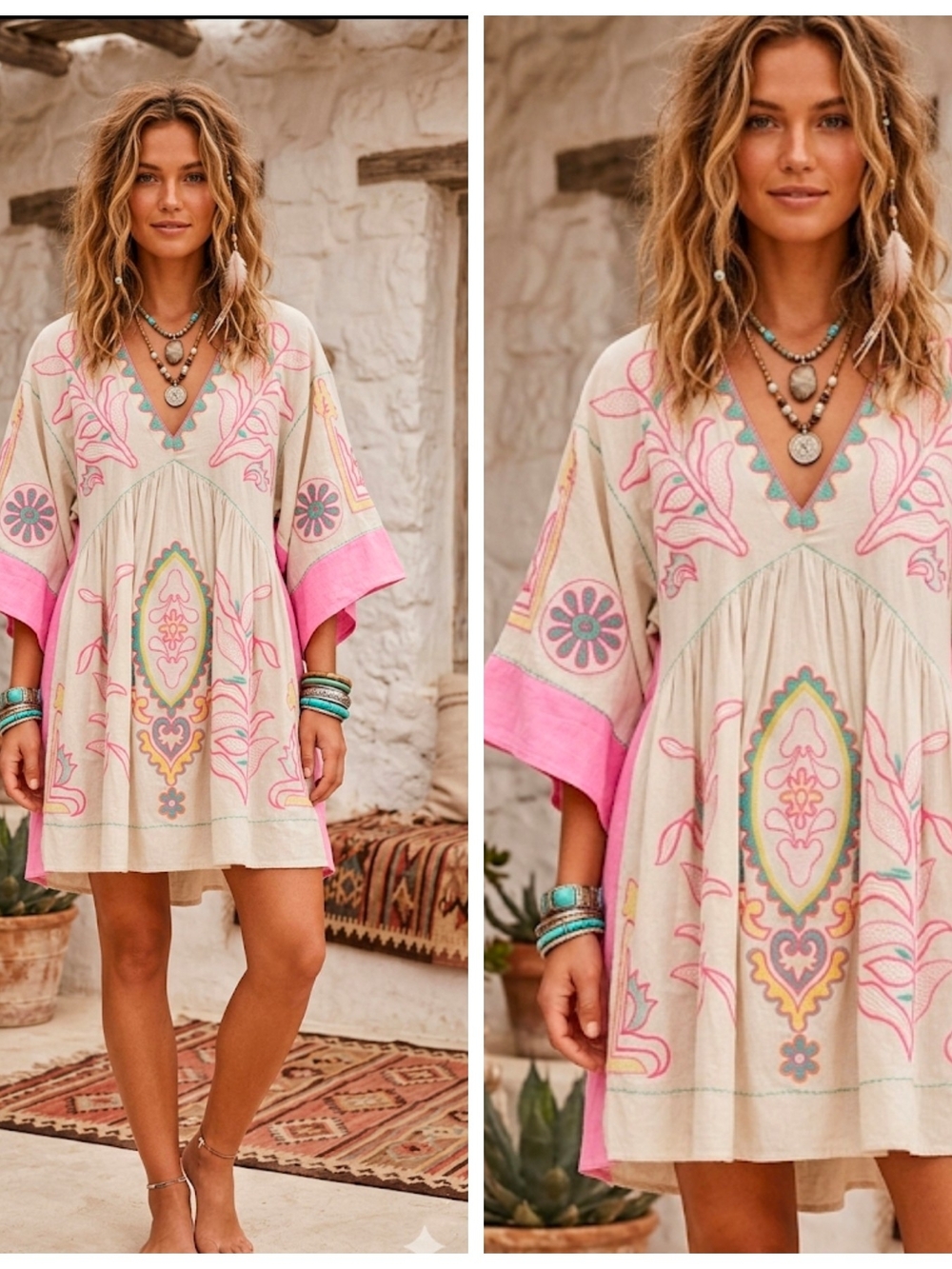 Beige and Pink Boho Embroidered V-Neck Mini Dress